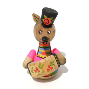 Vintage Russian Beriozka Wooden Wolf Toy Playing Accordion – Hand-Painted Folk Art Doll (9 cm)