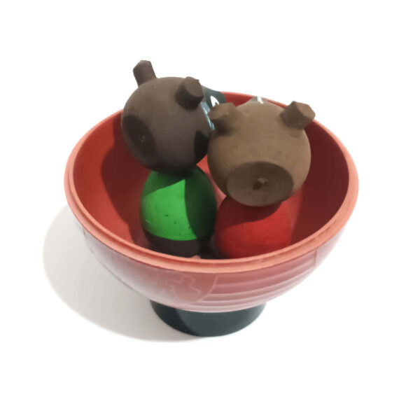 Tanuki (Japanese Raccoon Dog) Style Figurines in Miso Soup Bowl - Hand-Painted Wooden or Lacquered Plastic Material - Image 3