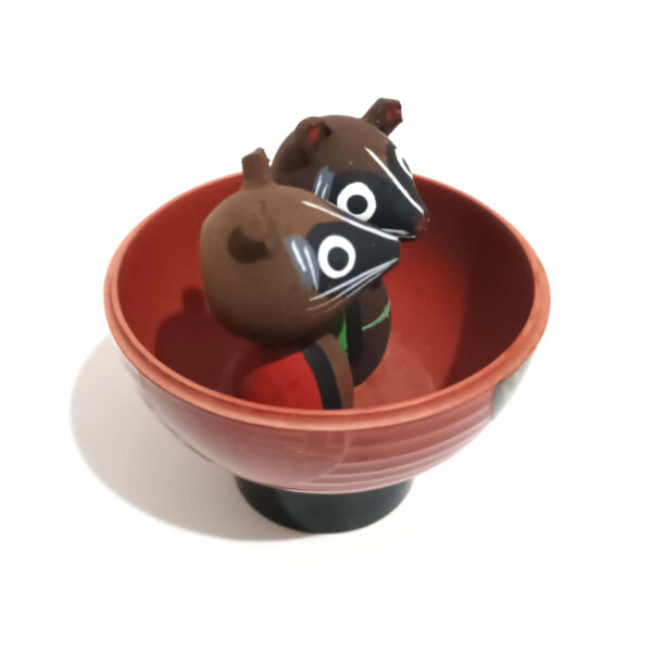 Tanuki (Japanese Raccoon Dog) Style Figurines in Miso Soup Bowl - Hand-Painted Wooden or Lacquered Plastic Material - Image 4