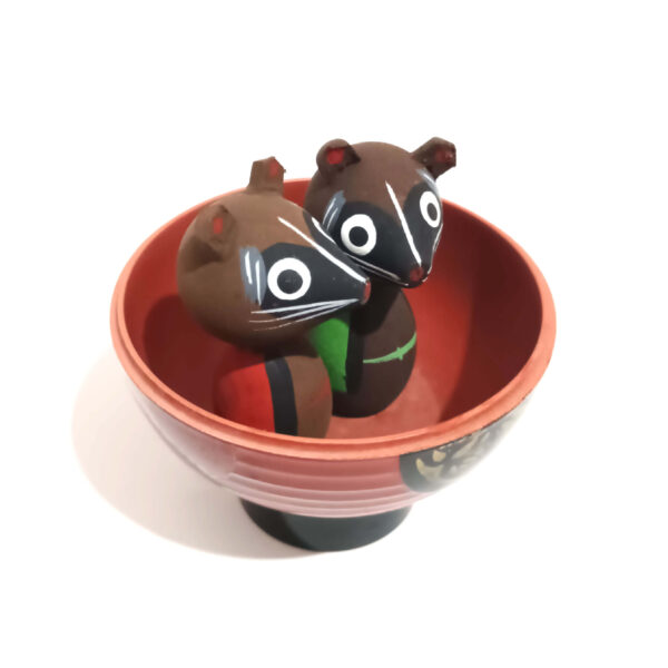 Tanuki (Japanese Raccoon Dog) Style Figurines in Miso Soup Bowl - Hand-Painted Wooden or Lacquered Plastic Material - Image 5