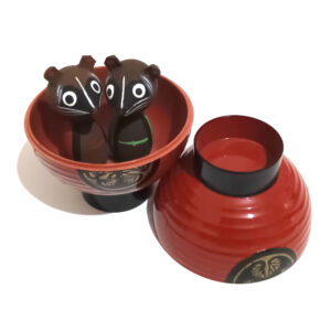Tanuki (Japanese Raccoon Dog) Style Figurines in Miso Soup Bowl - Hand-Painted Wooden or Lacquered Plastic Material