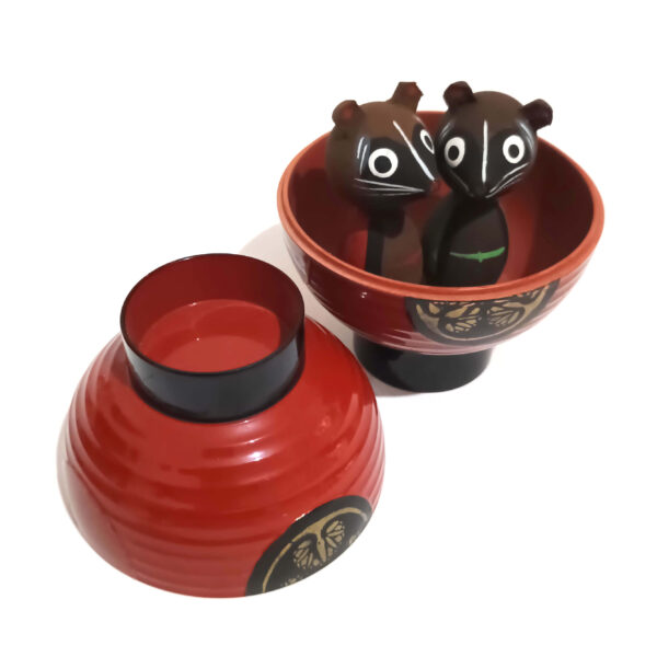 Tanuki (Japanese Raccoon Dog) Style Figurines in Miso Soup Bowl - Hand-Painted Wooden or Lacquered Plastic Material - Image 8
