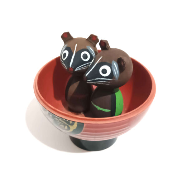 Tanuki (Japanese Raccoon Dog) Style Figurines in Miso Soup Bowl - Hand-Painted Wooden or Lacquered Plastic Material - Image 6