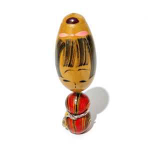 Vintage Style Kokeshi Doll - Wooden Girl Figure with Striped Body & Bob Hair
