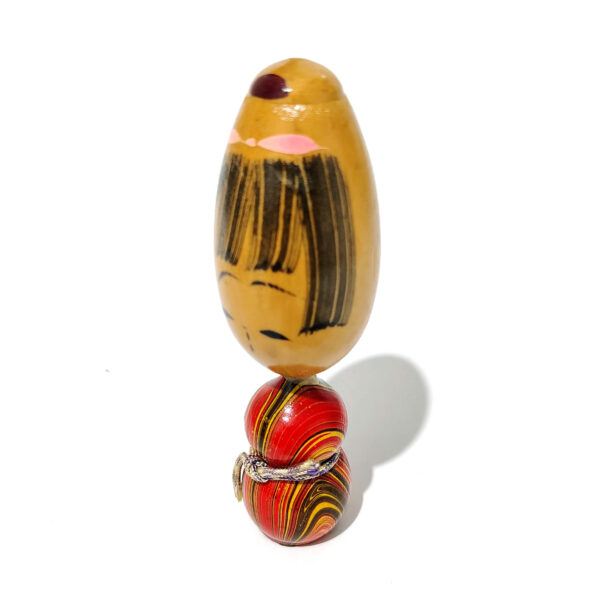 Vintage Style Kokeshi Doll - Wooden Girl Figure with Striped Body & Bob Hair - Image 3