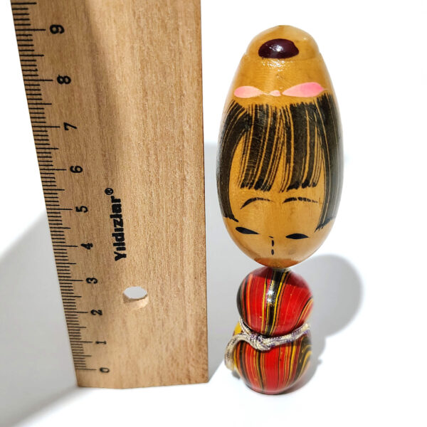 Vintage Style Kokeshi Doll - Wooden Girl Figure with Striped Body & Bob Hair - Image 9